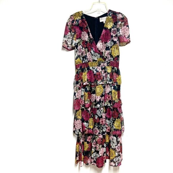 New ADELYN RAE Eliza Floral Print Puff Sleeve Tiered Midi Dress In Pink Sz S - Picture 5 of 8